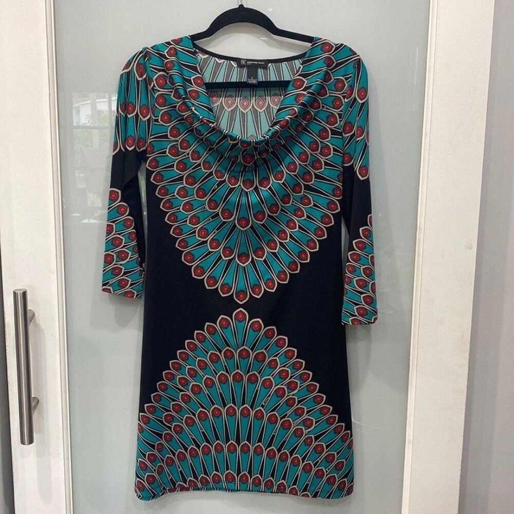 INC International Concepts Women's Peacock Printed Cowl Neck Dress 3/4 S